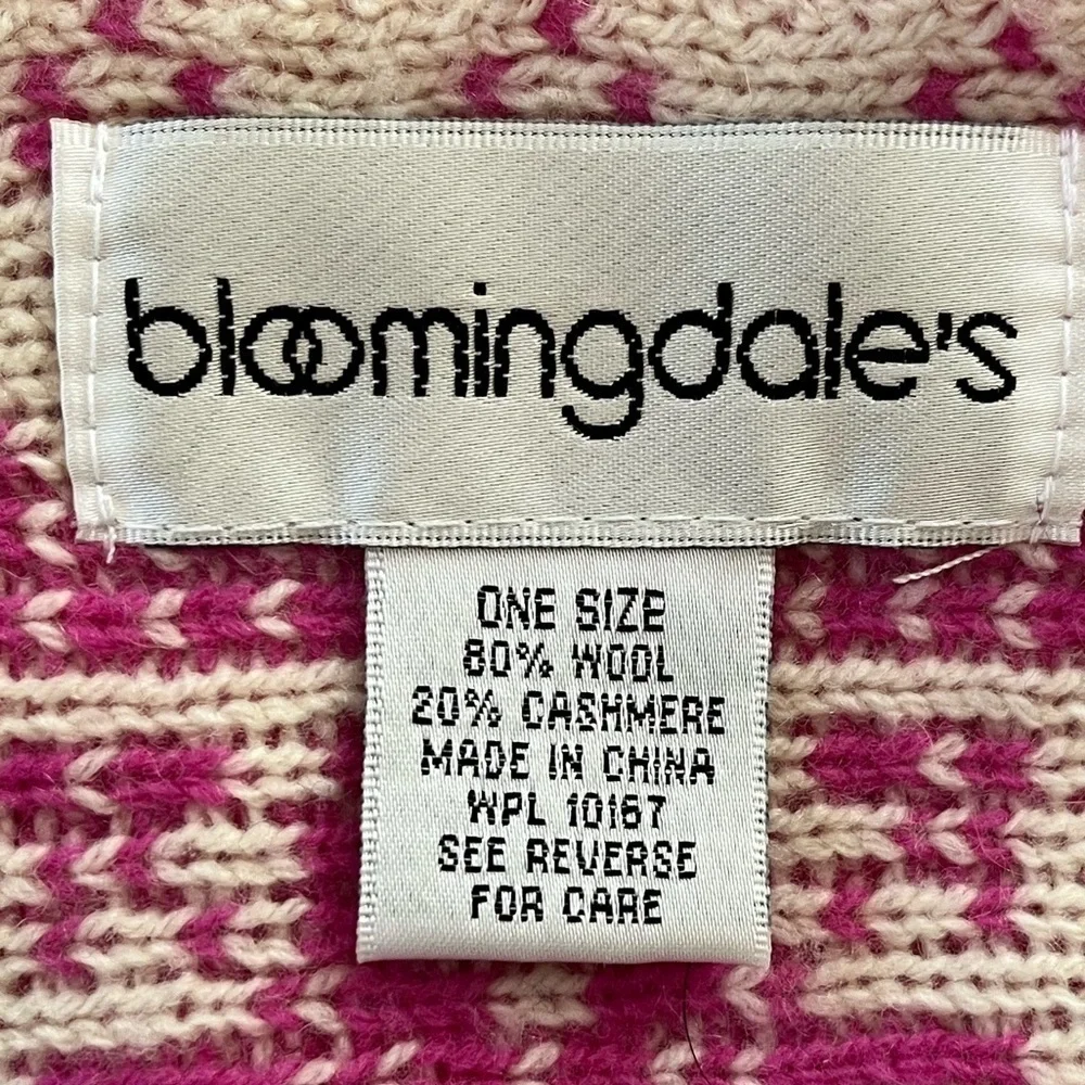 Bloomingdales Cashmere Wool Nordic Alpine Pom Poms Scarf Hot Pink Ivory Soft New